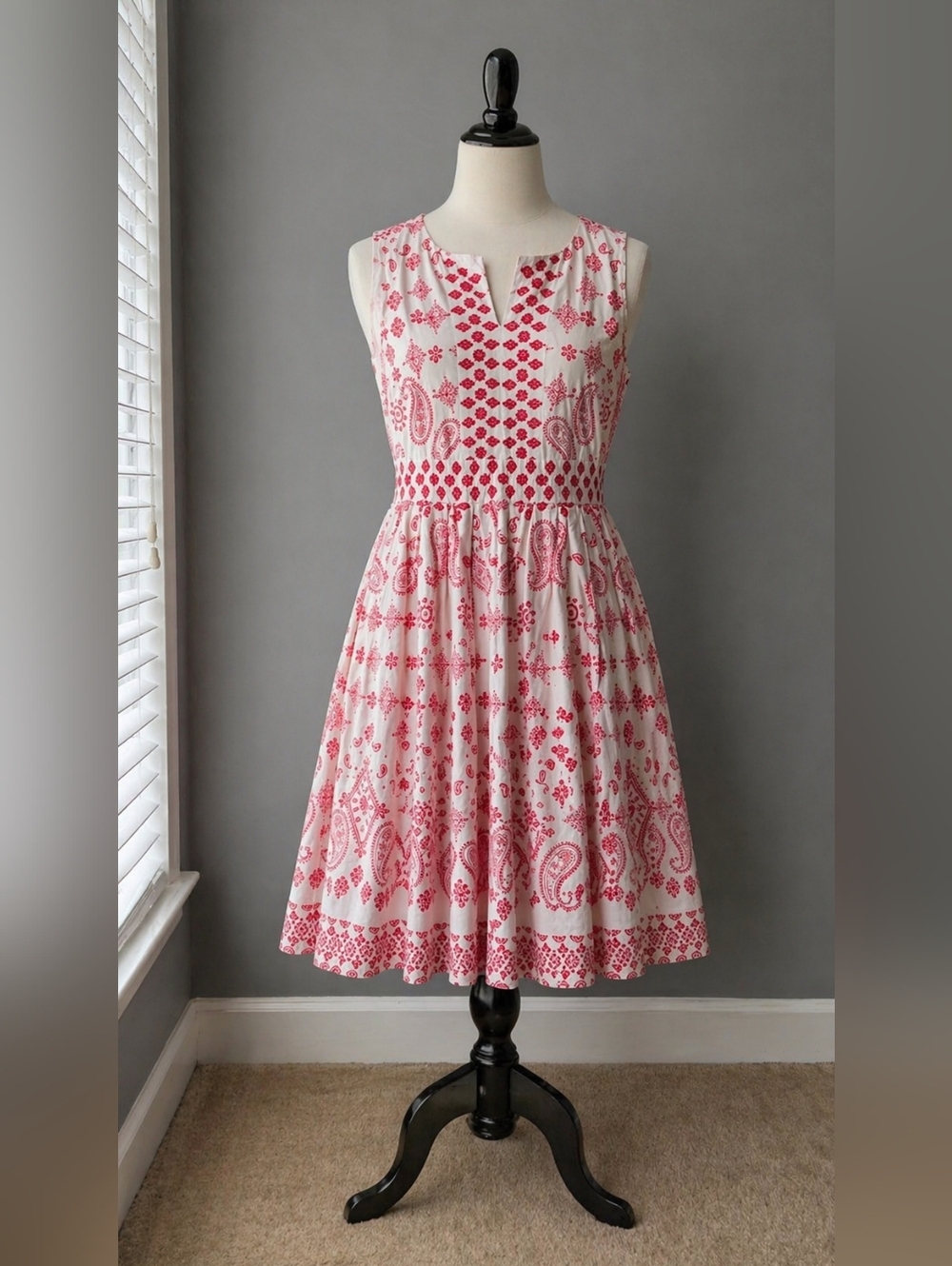 Red & White Cotton Fit & Flare Dress | Floral Paisley | Sleeveless